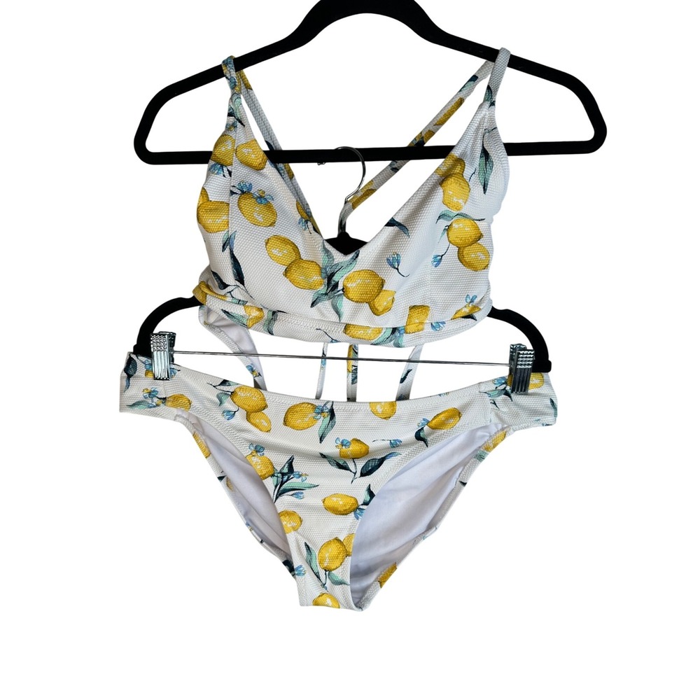 Jessica Simpson Bikini Set Womens White Lemon Print Textured 2 Piece Swimsuit XL